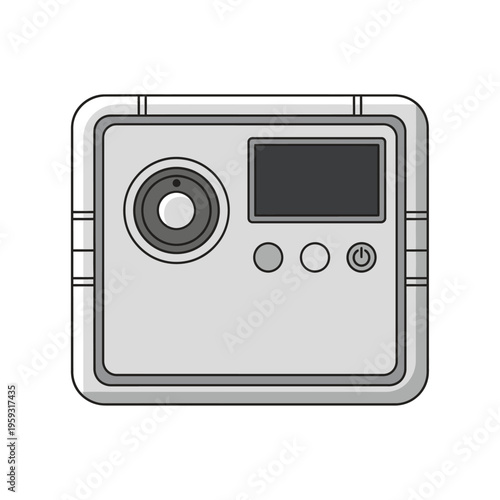 Camera Device Illustration with Buttons and Lens.