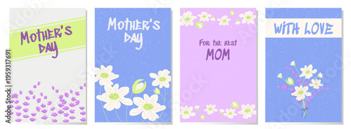 Set of Mother’s Day greeting cards with floral elements and soft pastel gradients. Feminine and elegant design perfect for congratulations, cards, and social networks