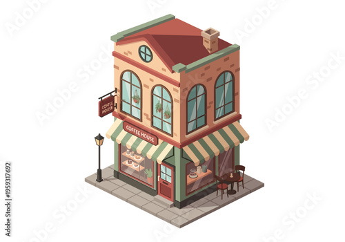 Charming Brick Building with Bakery Shop and Outdoor Seating, Isometric View