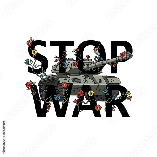 Stop War Tank with Flowers on Isolated White Background Vector
