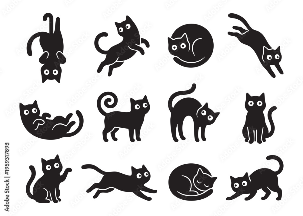 Obraz premium Set of black cats. Collection of silhouette cats in different poses. Vector illustration Drawing with children.