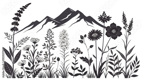 A minimalist black and white vector illustration of a mountain range with a variety of wildflowers in the foreground