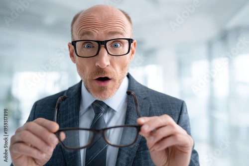 Surprised businessman in a sharp suit holding glasses, wide-eyed astonishment directed at the camera