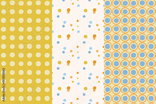 Vector hand drawn seamless patterns in simple doodle sketchy wavy and groovy naive style, dopamine and cottage core aesthetic, delicate gentle girlie backgrounds surface design, with dots and circles