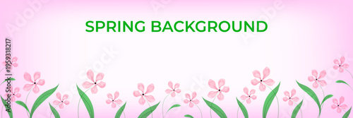 Wide spring banner with delicate pink flowers and green leaves. Clean layout with space for text, ideal for web and print.