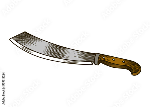 Knife for harvest cane sugar. Harvesting with a primitive sharp tool. handwork. Engraving hand drawn instrument