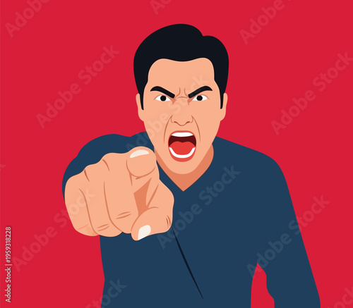 Angry man points accusingly at viewer. His face shows strong anger and intensity. Fists clenched, mouth wide open in shout. Blue shirt contrasts stark white background. Use for business conflict