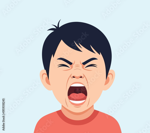 Young boy screams with intense emotion. His eyes are squeezed shut, mouth wide open. He wears a yellow shirt, set against a soft blue background. This photo captures a moment of strong emotion