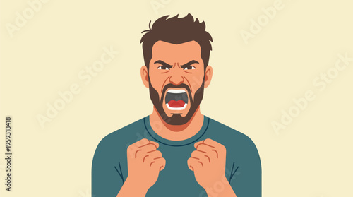 Man shouts with clenched fists, showing anger or frustration. His eyes are narrow, mouth wide open, as if yelling. Simple, bold photo on a light blue background