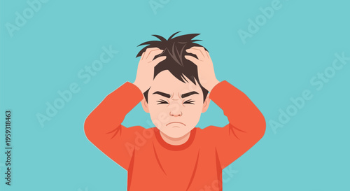 Young boy grips his head in distress. His face shows intense frustration or pain. Simple cartoon style with bold lines. Ideal for stress, anxiety, or emotional overwhelm themes