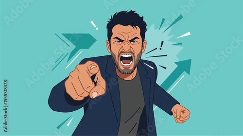 Angry man clenches fists, yelling fiercely. Gray geometric background adds modern tension. Ideal for conflict, protest, or intense emotion scenes. Vivid expression conveys rage or determination