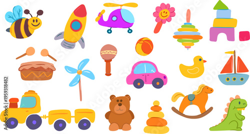 Vibrant set of colorful toy icons for kids in flat cartoon style. Vector illustrations of yellow train, purple helicopter, and green dinosaur. Perfect for nursery decor, children web design, and digit