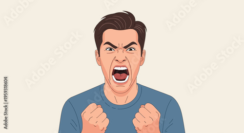 Man shouts with clenched fists, showing anger or frustration. His eyes are narrow, mouth wide open, as if yelling. Simple, bold photo on a light blue background