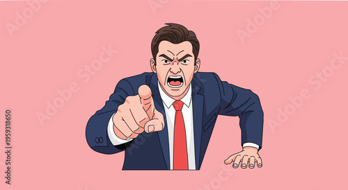 Angry businessman points accusingly at viewer. Face shows fury and intensity. Suit and tie emphasize professional persona. Strong gesture conveys blame or warning. Ideal for business, leadership