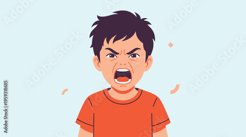 Young boy screams with intense emotion. His eyes are squeezed shut, mouth wide open. He wears a yellow shirt, set against a soft blue background. This photo captures a moment of strong emotion