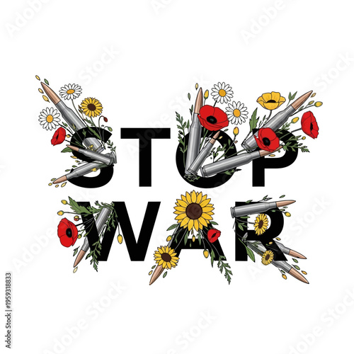 Stop War Message with Paint Brushes and Flowers on White Background