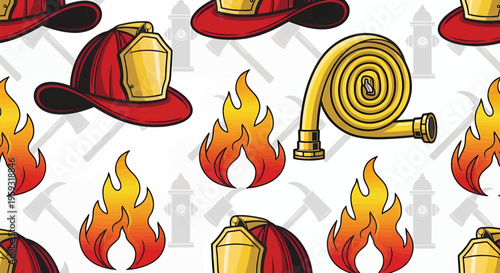 Firefighter equipment and flames pattern.