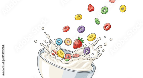 Colorful cereal rings and fruit splashing into milk in a white bowl