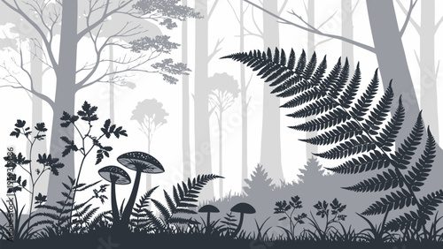 A minimalist black and white forest illustration with trees, ferns, and mushrooms in a flat design style