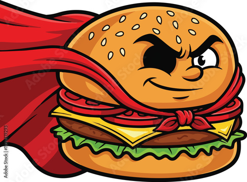 Cartoon superhero burger with cape and eye patch vector illustration