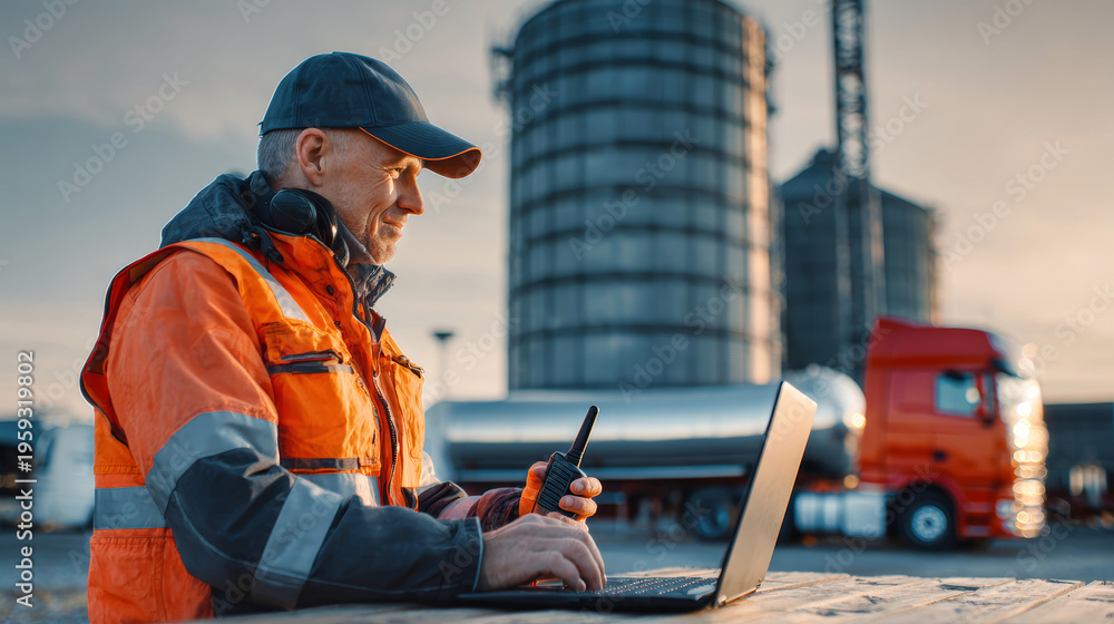 Obraz premium A technician in a reflective vest uses a laptop and talks on a walkie-talkie at an industrial site. A truck and oil silo can be seen in the background