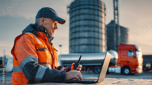 A technician in a reflective vest uses a laptop and talks on a walkie-talkie at an industrial site. A truck and oil silo can be seen in the background