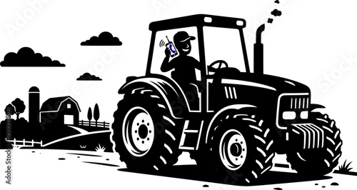 Farmer driving a modern tractor while talking on a smartphone. Minimalist black and white vector illustration of smart farming, rural connectivity, and agricultural technology.