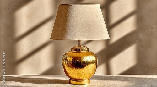 Elegant Gold Ceramic Table Lamp with Neutral Lampshade and Shadow Play