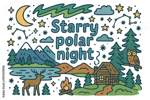Starry Polar Night. Starry polar night. Hand-drawn doodle illustration of starry polar night. Aurora, stars,