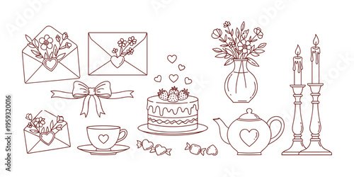 Romantic Valentine Day line art icon set featuring strawberry cake flowers envelopes tea pot candles and hearts for wedding celebration.