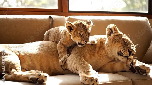 Adorable lion cub playfully climbs on its mother resting on a sofa.