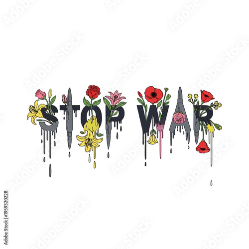 Stop War Text with Flowers and Blades on Isolated White Background Vector