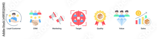 Customer Value web banner icon illustration featuring Loyal Customer,CRM,Marketing,Target,Quality,Value,and Sales