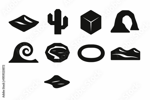 Surreal Desert Icons. Surreal desert geometry. Filled icon set of surreal desert geometry: floating dune,