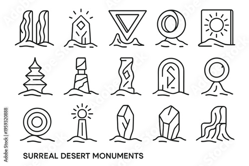 Surreal Desert Icons. Surreal desert monuments. Line outline icon set of surreal desert monuments: carved dune