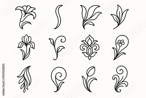 Art Nouveau Icon Set. Art nouveau floral lines. Line outline icon set of Art nouveau floral lines: curved lily