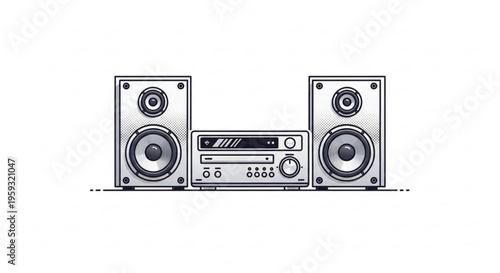 Stereo speaker system with two satellite speakers and central amplifier unit on white background