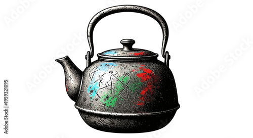 Vintage Kettle with Colorful Paint Splatter