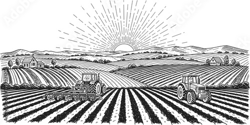 Farming landscape sunrise tractor field illustration, rural agriculture vector artwork, countryside design graphic, plowed farmland symbol, flat vector illustration