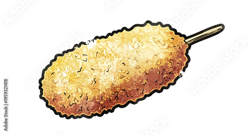 Crispy golden fried food on a stick, isolated on white background