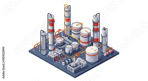Isometric illustration of an oil refinery plant with people working, featuring a petroleum refinery factory design on a blue background with industrial layout and operations.