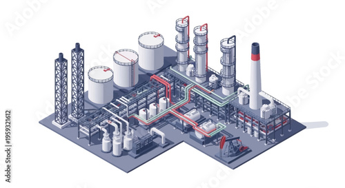 Isometric illustration of an oil refinery plant with people working, featuring various industrial equipment and pipes on a gray background, conveying a sense of industrial operation and