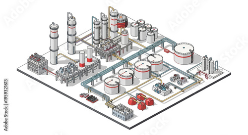 Isometric illustration of an oil refinery plant with various industrial equipment and piping layout in a business operation setting.