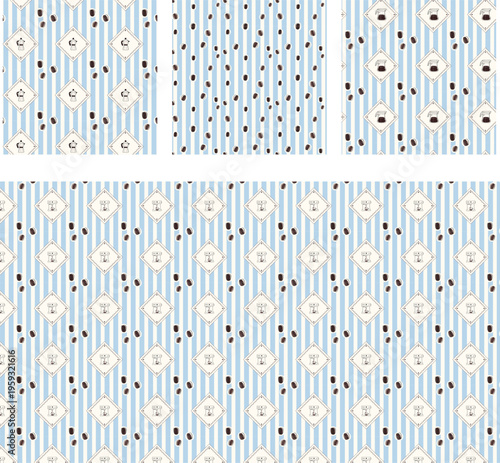 Set of textures for coffee lovers, coffee shops, posters and packaging. Coffee machine, grains, attributes for making coffee on a background of blue stripes, a combination of trendy colors