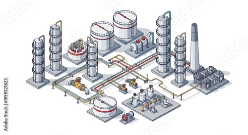 Isometric illustration of an oil refinery plant with people working amidst various industrial equipment and pipelines in a daytime setting.