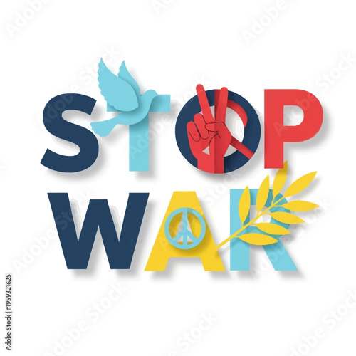 Stop War Peace Symbol Dove Leaf Hand Vector Isolated White Background