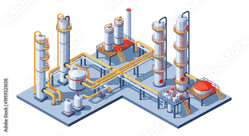 Isometric illustration of an oil refinery plant with people working, featuring industrial design and layout on a clean background, conveying a sense of business operation and industry.