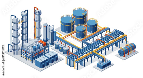 Isometric illustration of an oil refinery plant with people working, featuring a petroleum refinery factory design and layout on a white background, conveying a sense of industrial
