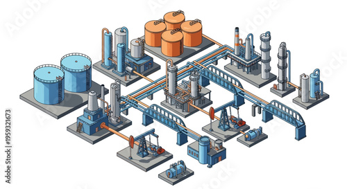 Isometric illustration of an oil refinery plant with people working, featuring various industrial equipment and operations in a vector design with a blue and orange color scheme.