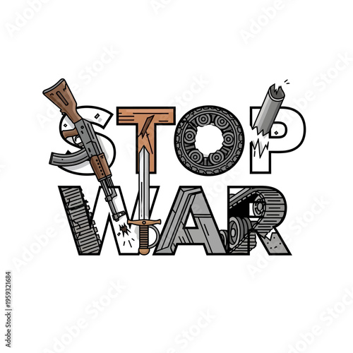 Stop War Text with Weapons Isolated on White Background Vector